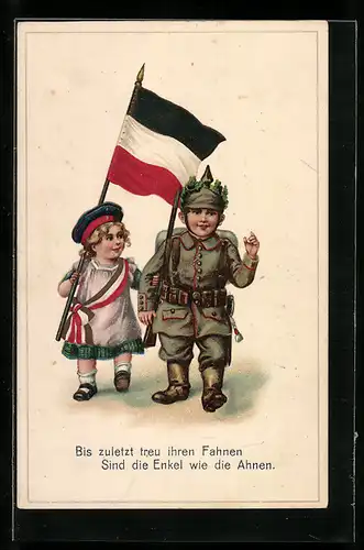 AK Junge in Uniform und Mädchen mit Flagge hoffen auf ein Wiedersehen nach dem Krieg, Kinder Kriegspropaganda