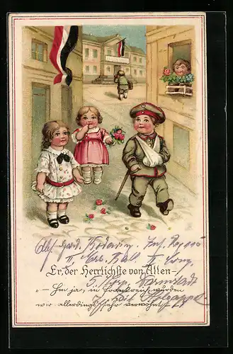 AK Junger verletzer Soldat in Uniform geht durch die Stadt, Kinder Kriegspropaganda