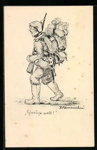 Künstler-AK Schnauze voll!, Soldatenhumor