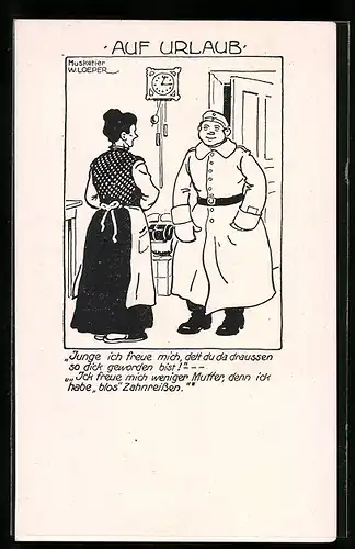 Künstler-AK Auf Urlaub, Soldat kehrt dick nach Hause zurück