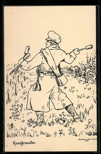 Künstler-AK sign. Schellmann: Soldat auf dem Feld mit Handgranaten