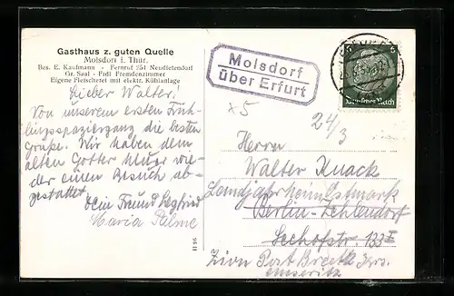 AK Landpoststempel Molsdorf über Erfurt