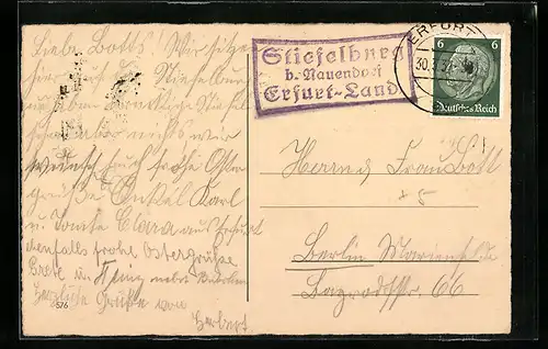 AK Landpoststempel Stiefelburg b. Nauendorf, Erfurt-Land