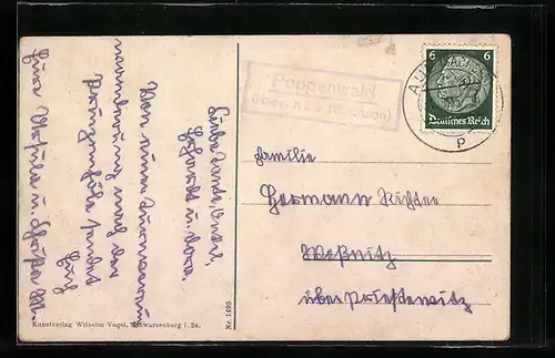 AK Landpoststempel Poppenwald über Aue /Sachsen