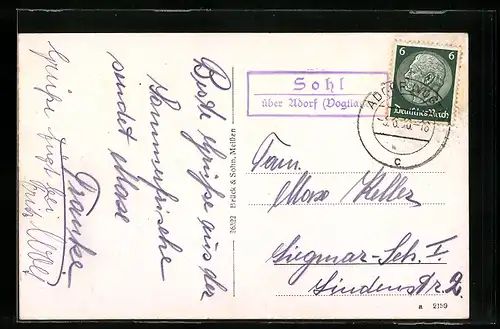 AK Landpoststempel Sohl über Adorf /Vogtland