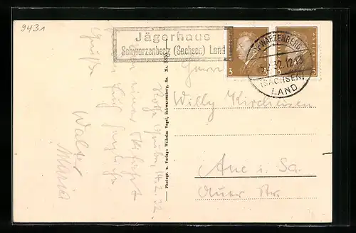 AK Landpoststempel Jägerhaus, Schwarzenberg (Sachsen) Land