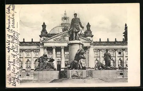AK Berlin, Reichstagsgebäude mit Bismarck-Denkmal