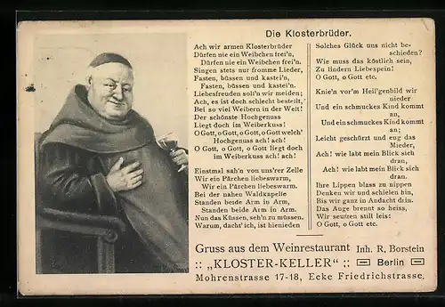 Künstler-AK Berlin, Weinrestaurant Kloster-Keller, Mohrenstrasse 1-18, Ecke Friedrichstrasse, mit Gedicht