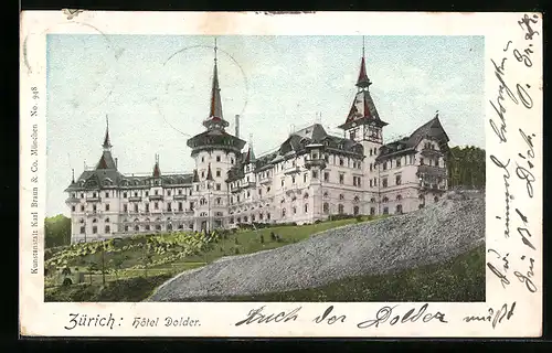 Goldfenster-AK Zürich, Hotel Dolder mit leuchtenden Fenstern