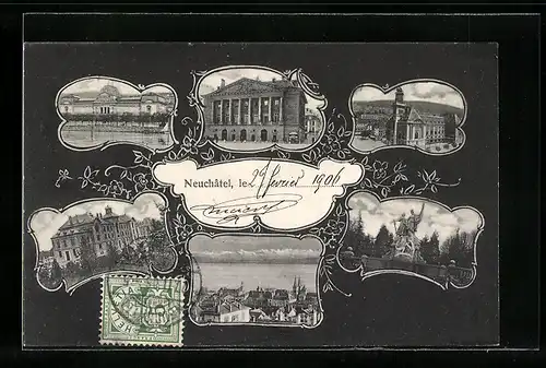 AK Neuchatel, Denkmal, Panorama, Gebäudeansichten