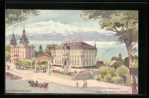 AK Neuchatel, Hotel des Alpes et Terminus