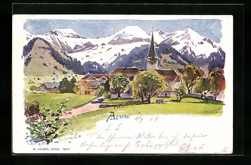 Künstler-AK Aeschi, Ortspartie mit Kirche