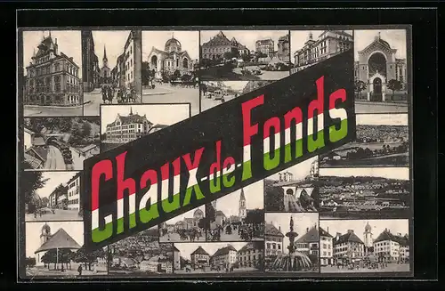 AK Chaux-de-Fonds, Kirche, Brunnen, Strassenpartie mit Strassenbahn