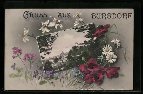 AK Burgdorf, Teilansicht, Gänseblumen, Passepartout