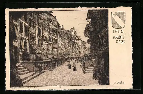 Künstler-AK Thun, Strasse Hauptgasse mit Passanten