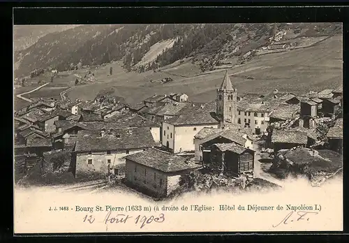 AK Bourg-St-Pierre, Á droite de l`Eglise: Hotel du Déjeuner de Napoléon