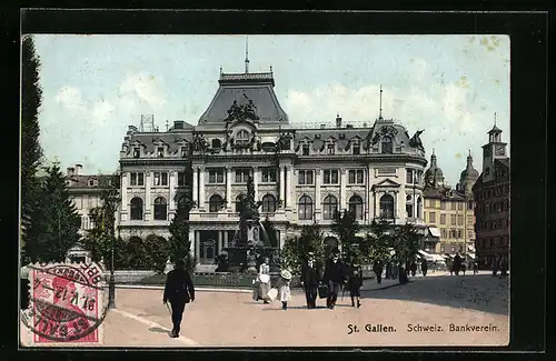 AK St. Gallen, Schweiz. Bankverein mit Brunnen