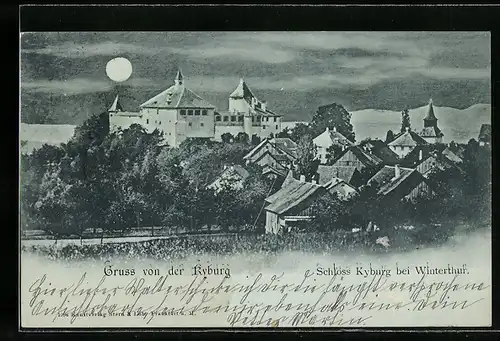 Mondschein-AK Kyburg, Schloss Kyburg bei Winterthur