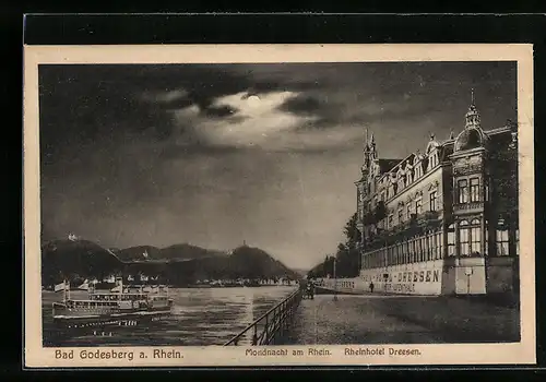 Mondschein-AK Bad Godesberg /Rh., Rheinhotel Dreesen mit Rheindampfer