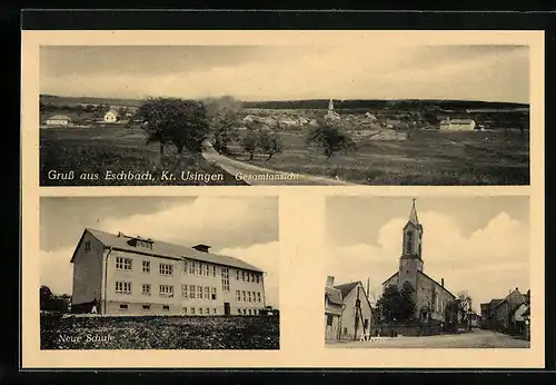 AK Eschbach / Taunus, neue Schule, Kirche, Totalansicht