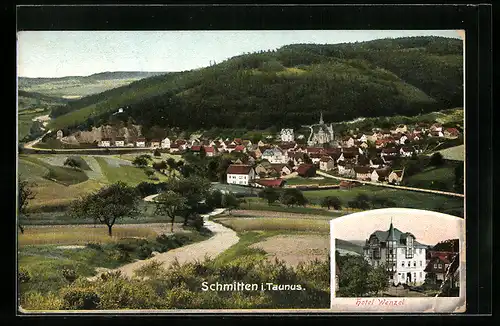 AK Schmitten i. T., Hotel Wenzel und Totalansicht mit Kirche