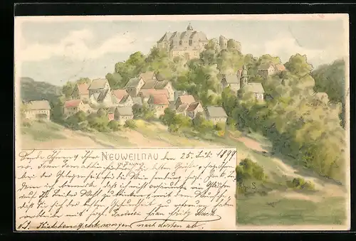 Lithographie Neuweilnau im Taunus, Ortsansicht mit Schloss auf Berg