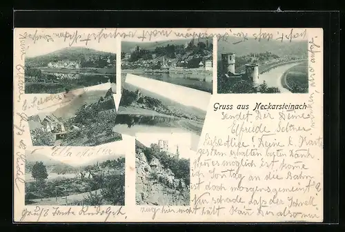 AK Neckarsteinach, Burg, Ortsansicht, Uferpartie
