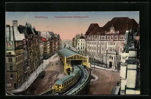 AK Hamburg, Hochbahnstrecke Rödingsmarkt mit Zug