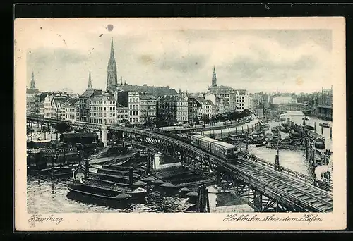 AK Hamburg-Harburg, Hochbahn über den Hafen, Lastkähne