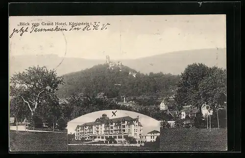 AK Königstein . T., Grand Hotel mit Blick zur Ruine