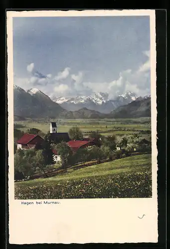 AK Hagen b. Murnau, Blick auf die Ortschaft und die Berge