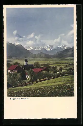 AK Hagen b. Murnau, Blick auf die Ortschaft und die Berge