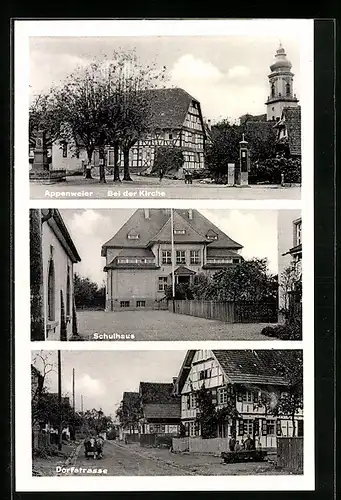AK Appenweier, Dorfstrasse, Ortspartie mit Kirche, Schulhaus