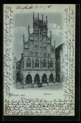 Mondschein-AK Münster i. Westf., Das Rathaus im Schein des Mondes