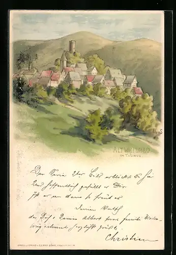 Künstler-AK Altweilnau / Taunus, Ortspanorama mit Gebirgswand