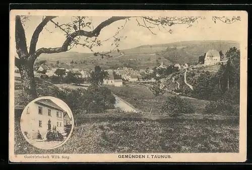 AK Gemünden im Taunus, Gastwirtschaft von Wilh. Sorg, Ortsansicht