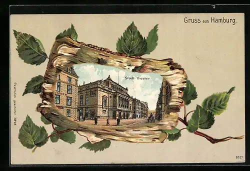 Passepartout-Lithographie Hamburg-Neustadt, Stadt-Theater dargestellt auf Holz