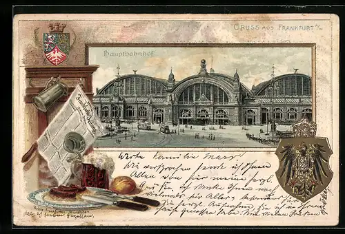 Passepartout-Lithographie Frankfurt / Main, Hauptbahnhof und Wappen