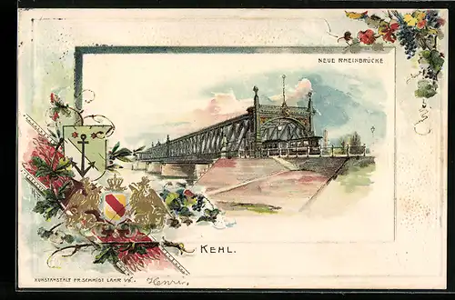 Passepartout-Lithographie Kehl, Blick auf die Neue Rheinbrücke