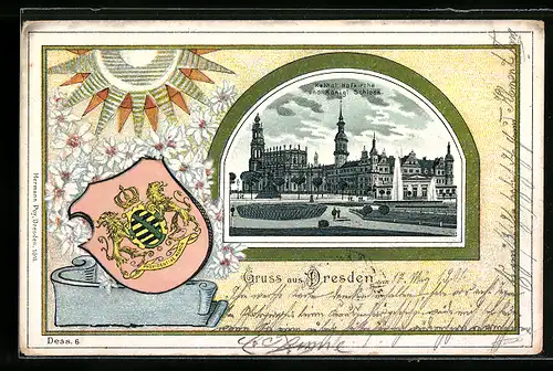Passepartout-Lithographie Dresden, Kathol. Hofkirche und Königl. Schloss, Wappen