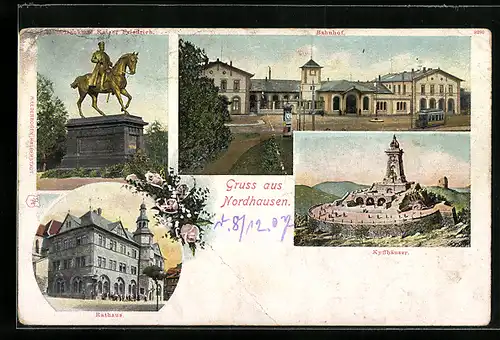 AK Nordhausen, Bahnhof mit Strassenbahn, Kyffhäuser aus der Vogelschau, Denkmal Kaiser Friedrich