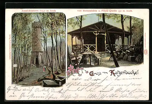 Lithographie Waldkatzenbach, Katzenbuckel, Aussichtsturm und Stettenhütte
