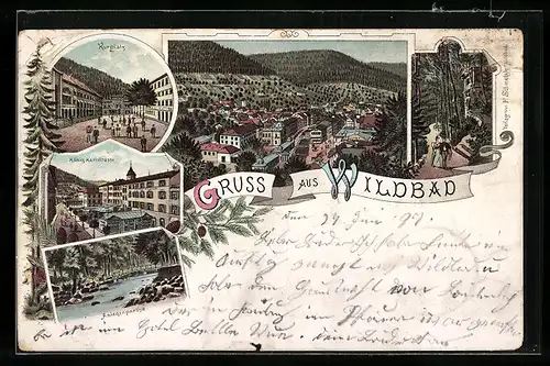Lithographie Wildbad, König Karlstrasse, Kurplatz, Blick in die Anlagen