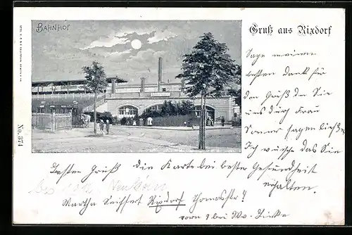 Mondschein-AK Rixdorf, Partie vor dem Bahnhof