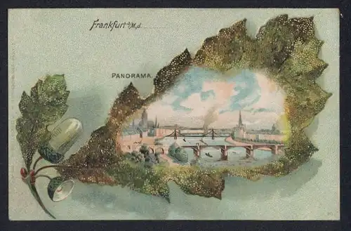 Passepartout-Lithographie Frankfurt, Panorama-Ansicht im Eichenblatt