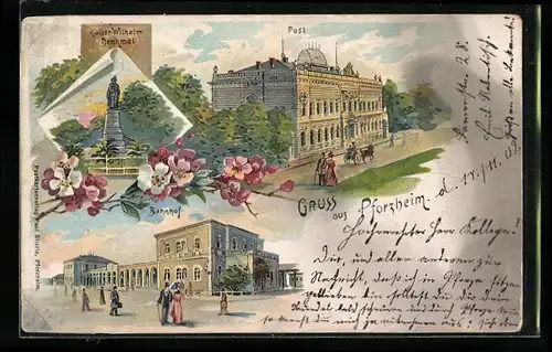 Lithographie Pforzheim, Bahnhof, Kaiser Wilhelm-Denkmal und Post