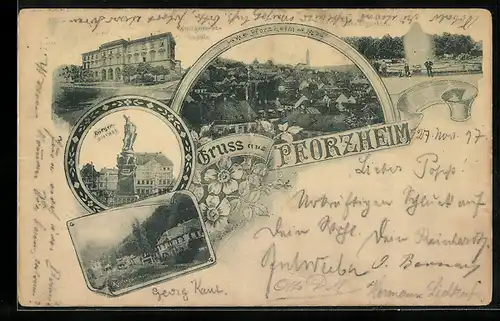 AK Pforzheim, Krieger-Denkmal, Kunstgewerbe-Schule und Stadtgarten