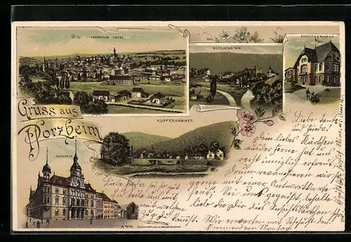 Lithographie Pforzheim, Gasthaus Schützenhaus, Rathaus