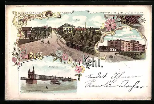 Lithographie Kehl, Rheinbrücke, Grossherzog Friedrich Kaserne, Totalansicht