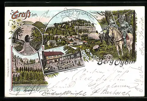 Lithographie Oybin, Gesellschaftsplatz, Burgthor, Kirche, Dorf, Ruine & Berg Oybin